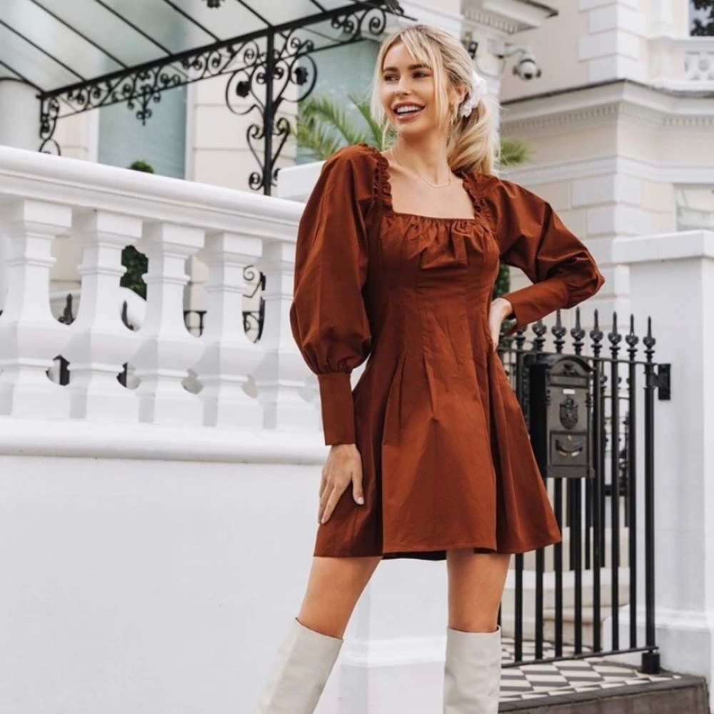 Square Neck Lantern Sleeve Fold Pleated Dress